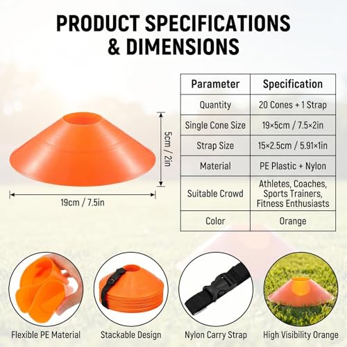 20Pcs Orange Soccer Disc Cones with Carry Strap Multi-Sport Training Cones Agility Soccer Football Markers for Sports Drills Practice Outdoor