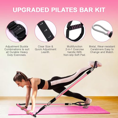 Pilates Bar Kit with Resistance Bands,Pilates Bar with Stackable Bands Workout Equipment for Legs,Hip,Waist and Arm,Exercise Fitness Equipment for Women & Men Home Gym Yoga Pilates - color: Baby Pink