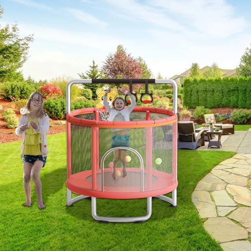 60'' Indoor Outdoor Rebounder Trampoline for Kids, 5 FT Recreational Toddler Trampoline with Safety Enclosure Net Gifts with Basketball Hoop Dartboard Ocean Bal