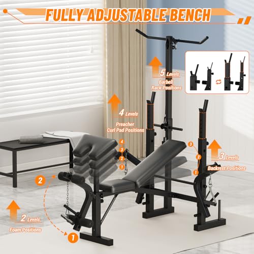 6-In-1 Foldable Weight Bench with Leg Extension & Preacher Curl, Adjustable Bench Press Station for Home Gym, 600LB Capacity, Compact Strength Training Bench for Dumbbell & Barbell Workouts