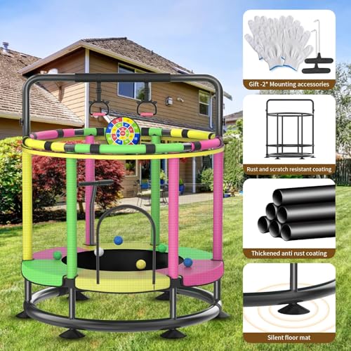 Trampoline for Kids, Full Anti-Rust 440lbs Anti-Rollover Round Bottom Toddler Trampoline, T-handrail Adjustable Baby Toddler Trampolines Dart Board