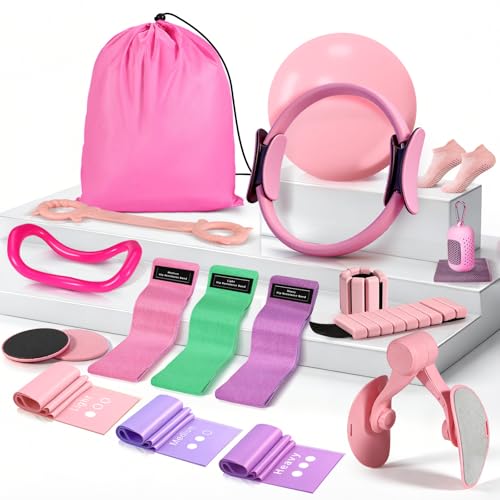 Pilates Kit for Women,17PCS Home Pilate Equipment Essentials, 12.6" Pilates Ring Ball Set with Resistance Bands, Ankle Weights, Sliders,Thigh Trainer, Yoga Strap,Socks Accessories for Home Workout