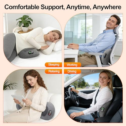 Portable 3-in-1 Electric Lumbar Support Pillow with Heat, Vibration & Traction – Back Massager for Pain Relief & Deep Tissue, Smooth Spine Triple Fusion Back Massager for Bed, Chair, Rechargeable