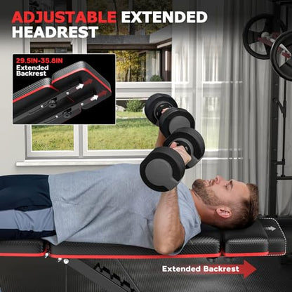 Foldable Workout Bench with Leg Extension, Adjustable Weight Bench w/Preacher Culr, Extended Headrest, Collapsible Bench for Home Gym Strength Training Exercise Full Body Banco de Pesas 880LBS