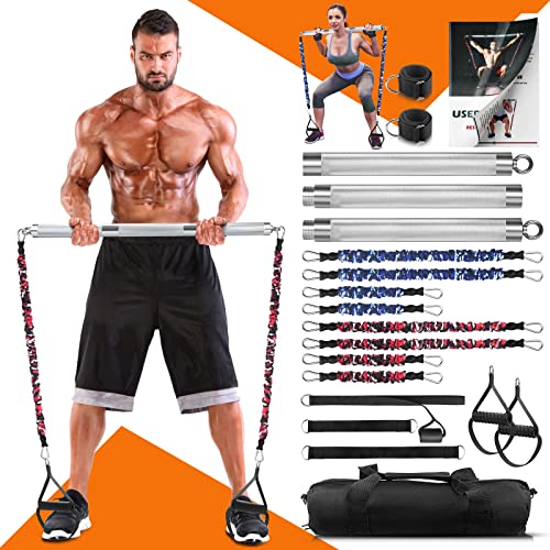 Portable Home Gym Resistance Band Set With8 Anti-Break Bands, Detachable 500LBS Pilates Bar, Full Body Workout Equipment w/Ankle Straps & Door Anchor - style: Silver