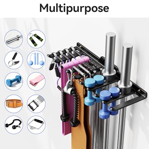 Wall Mounted Home Gym Equipment Storage Rack, Cable Attachments, Lifting Belts, Jump Ropes and Chains