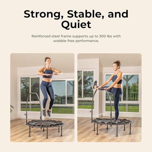 Sunny Health & Fitness 36”/40”/48” Bungee Exercise Trampoline for Adults with Adjustable Foam U-Shaped Handlebar – Home Indoor Cardio, Silent & Low Impact Bounce - size: 40" trampoline