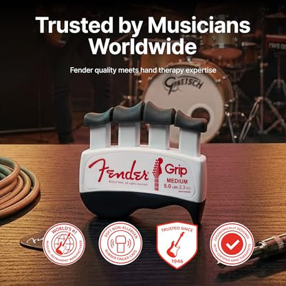 Fender GRIP Hand and Finger Exerciser – Best Ergonomic Finger Strengthener to improve play on all stringed instruments (Guitar, Bass, Violin, etc.) (Tensions: WHITE=5-Lbs; RED=7-Lbs; BLACK=9-Lbs) - color: White