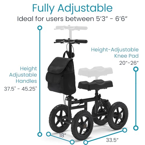 Vive Mobility All Terrain Knee Scooter Walker for Foot Injuries - Adult Broken Leg Crutch Cart Roller for Surgery, Broken Foot, Ankle Injury - Kneeling Rolling Steerable Seated Wheel Scooter Aid - color: Black