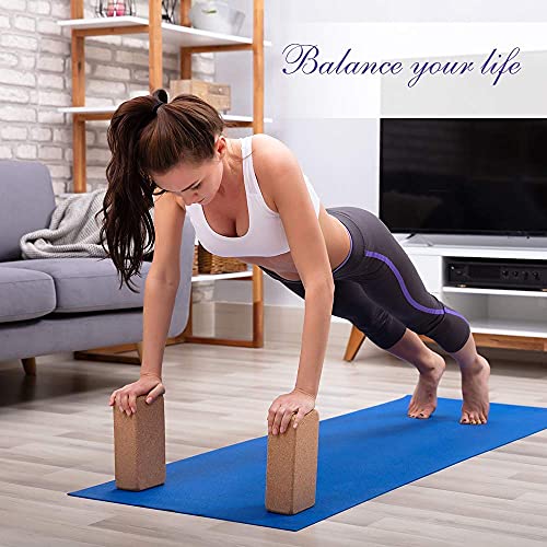 2 Pack Cork Yoga Blocks with Yoga Strap Set - 4 x 6 x 9 inch
