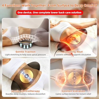 Zenopax 4-in-1 Electric Lumbar Traction Device - Adjustable Lower Back Massager for Pain Relief Deep Tissue with Heat, Vibration, Electrotherapy, Home Lumbar Decompression ＆ Sciatica Relief(Golden)