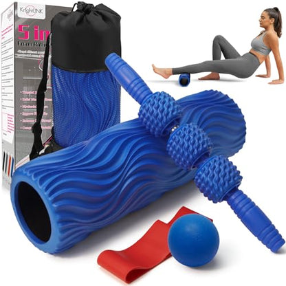Krightlink 5-in-1 Foam Roller Set, Massage Roller Stick, Massage Ball, Resistance Band for Deep Muscle Massage, Trigger Point Release, Pilates, Yoga (Blue-Wave) - color: Blue-wave(5 in 1)