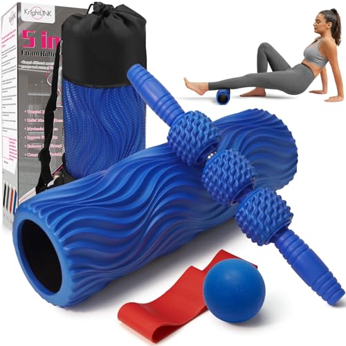 Krightlink 5-in-1 Foam Roller Set, Massage Roller Stick, Massage Ball, Resistance Band for Deep Muscle Massage, Trigger Point Release, Pilates, Yoga (Blue-Wave) - color: Blue-wave(5 in 1)