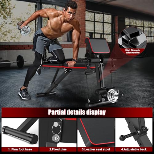XDDIAS Adjustable Weight Bench, Workout Bench with Leg Extension and Preacher Curl Pad, Weight Bench for Home Gym, Foldable Exercise Bench, Quick Adjustment Incline Bench Press - color: Black+Red