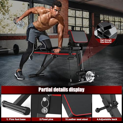 XDDIAS Adjustable Weight Bench, Workout Bench with Leg Extension and Preacher Curl Pad, Weight Bench for Home Gym, Foldable Exercise Bench, Quick Adjustment Incline Bench Press - color: Black+Red