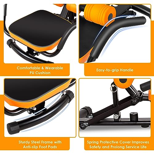 Ab Workout Machine, Height Adjustable Ab Rocker Trainer w/Ergonomic Curved Back, Cushioned Seat, Strong Spring Boost for Core Strength Training, Compact Sit Up Machine for Home Gym