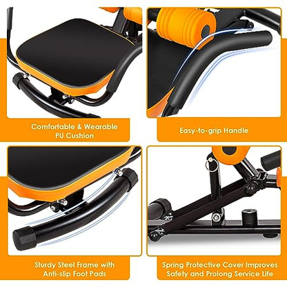 Ab Workout Machine, Height Adjustable Ab Rocker Trainer w/Ergonomic Curved Back, Cushioned Seat, Strong Spring Boost for Core Strength Training, Compact Sit Up Machine for Home Gym