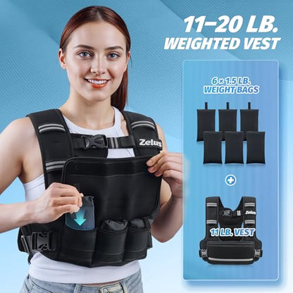 ZELUS Adjustable Weighted Vest for Women, Curve-Fit Ergonomic Workout Vest with 6 Removable Iron Sand Bags for Walking, Cardio & Strength Training, Available in 4–10 lb, 11–20 lb & 20–32 lb Options - size: 11-20LB