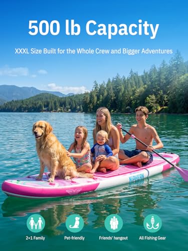 Niphean (Extra Large) Inflatable Paddle Board, SUP for 2+1 People/Family 500lbs Capacity Stand Up Paddle Board with SUP Accessories, StabilTrac Fin Non-Slip Paddleboard for Adults - color: Rose Red