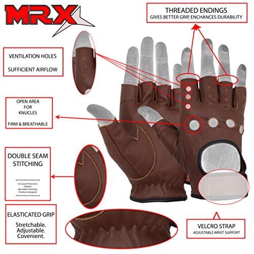 MRX BOXING & FITNESS Mens Driving Gloves Basic Soft Goat Leather Fingerless Breathable Biker Motorcycle Cycling Shooting - color: Half-finger-brown/Strap, size: Medium