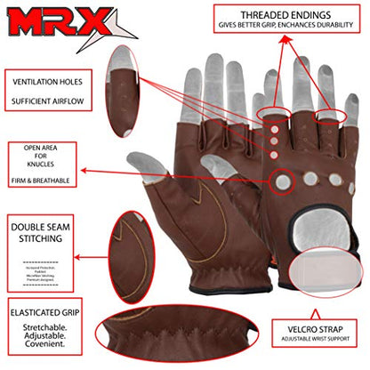 MRX BOXING & FITNESS Mens Driving Gloves Basic Soft Goat Leather Fingerless Breathable Biker Motorcycle Cycling Shooting - color: Half-finger-brown/Strap, size: Medium