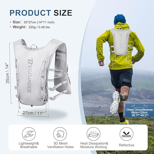 BECOJADDE Running Vest for Women Men, 5L/6L Lightweight Hydration Backpack Running Pack for Marathon, Trail, Cycling, Hiking, Jogging - color: Gray