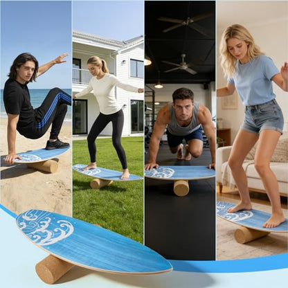Surf Balance Board Wooden Balance Board,3 Modes Wobble Board Trainer with Roller, Exercise Balancing Stability Trainer for Improve Balance, Surf Trainer & Sports Trainer Wobble Board