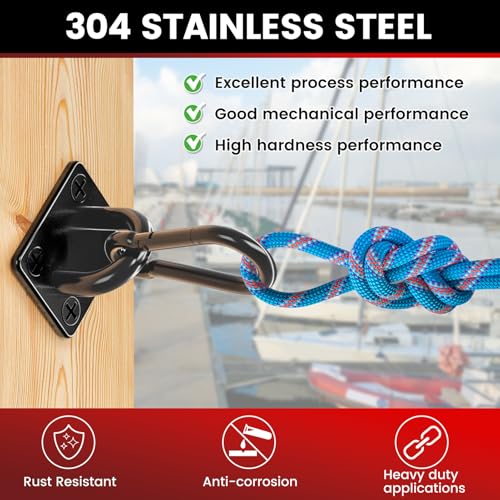 sprookber 304 Stainless Steel Pad Eye Snap Hook, M5 Ceiling Hook 500Lb,8Pcs - size: 2 Inch, style: Black Square