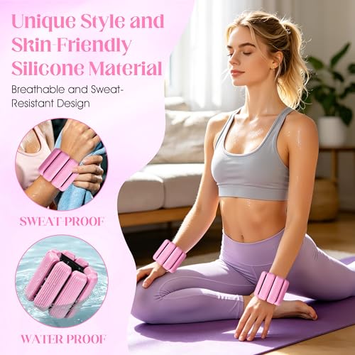 Wrist Weights Set, 2Pack Adjustable Ankle Weights for Women/Men(1 lb Each), Silicone Weighted Bangles for Yoga, Pilates, Running & Walking, Arm & Leg Weights - color: Pink