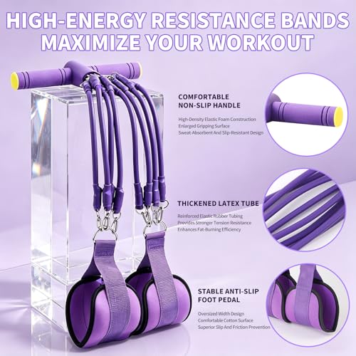 Pedal Resistance Band with Handle - 8-Tube Adjustable (20-80LBS) for Full Body Workout, Home Gym, Yoga & Strength Training Non-Slip Grips & Foot Pedal (Purple)