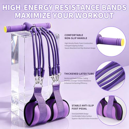 Pedal Resistance Band with Handle - 8-Tube Adjustable (20-80LBS) for Full Body Workout, Home Gym, Yoga & Strength Training Non-Slip Grips & Foot Pedal (Purple)