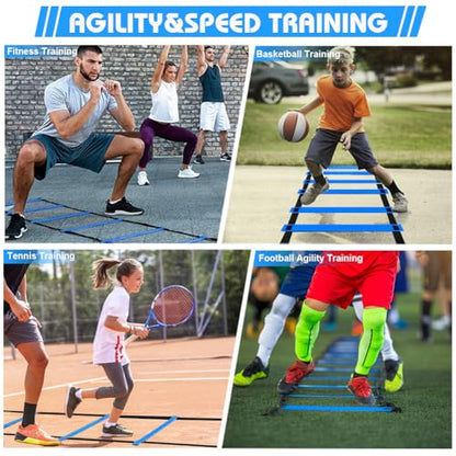 Soccer Speed Agility Training Set - 20FT Agility Ladder 12/16 Sports Cones and Soccer Kick Trainer Football Training Equipment Footwork Drills for Youth and Adults - color: Blue, style: Agility Ladder+Cones+Soccer Trainer