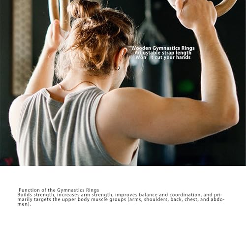 2PCS Gymnastics Rings, Wooden Exercise Rings with Adjustable Straps for Upper Body Home Gym Strength Training