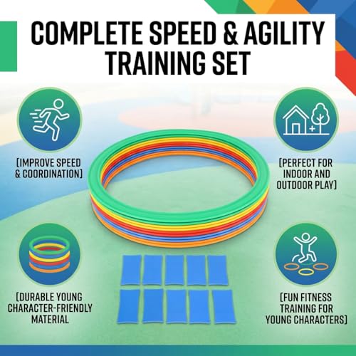 Dioche Kids Agility Speed Ring Set with 10 Rings & 10 Buckles, Outdoor Sports Training Toy for Speed Coordination Jumping Games Playground Fitness Equipment