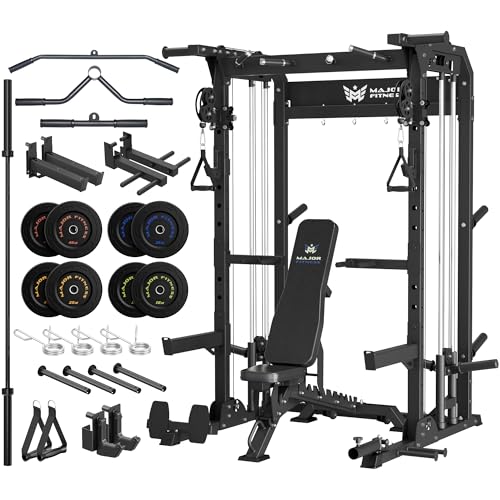 MAJOR FITNESS F22 Power Rack, 1600lbs All-in-One Squat Rack with Dual Pulley System, Heavy-Duty Steel Frame, Attachments & Storage for Home Gym Strength Training - color: Black, style: F22 (with Bench Elite BK & 230LB BK & 7ft Bar)