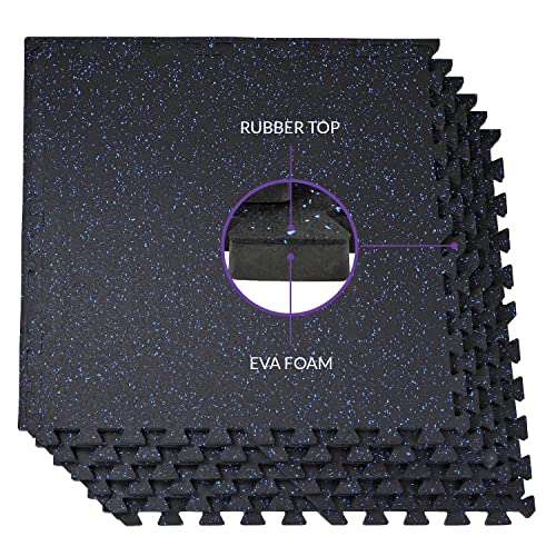1/2" Thick 48 sq ft (12 Tiles) Interlocking Rubber Top EVA Foam Exercise Mat | Home Gym Mats Workout Flooring Tiles for Gyms, Fitness Rooms | Durable Grip Protective Flooring, Black/Blue