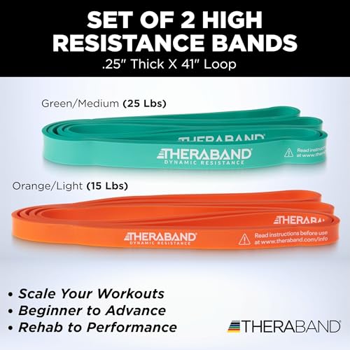 THERABAND High Resistance Band Set of 2, Light and Medium Elastic Super Bands for Full Body Workouts, Physical Therapy, Strength Training, Durable 41” Loop Exercise Bands, 15-25 lbs Resistance