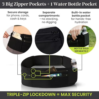 Low-profile Running Belt with Water Bottle Pocket – Adjustable No-Bounce Travel Money Belt and Fanny Pack with 3 Zippered Pockets & Key Clip - Fits Any Size Phone, Passport & More - size: Medium