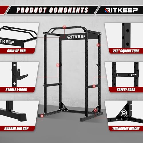 RitKeep RMAX 2250 Power Rack, 1200 lb Capacity Multi-Function Squat Rack and Weight Cage for Strength Training with Pull-Up Bar, Safety Bars, J-Hooks for Home Gym and Garage Gym
