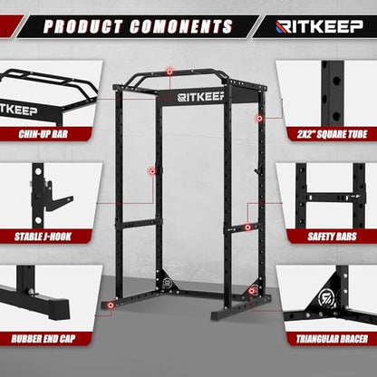 RitKeep RMAX 2250 Power Rack, 1200 lb Capacity Multi-Function Squat Rack and Weight Cage for Strength Training with Pull-Up Bar, Safety Bars, J-Hooks for Home Gym and Garage Gym