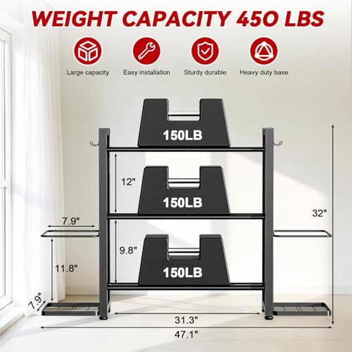 3-Tier Small Adjustable Dumbbell Rack, 450LBS Capacity Home Gym Weight Rack with Yoga Mat Holder & Hooks, Space Saving Workout Equipment Storage Organizer, Tool-free Assembly