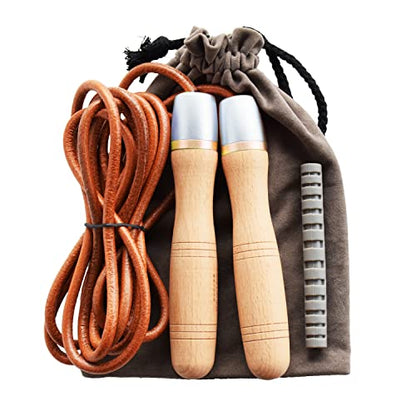 Leather Jump Rope, Adjustable Skipping Jumping Ropes, with Rotary Bearing and Pure Wood Handles, for Gym & Home Fitness Workouts