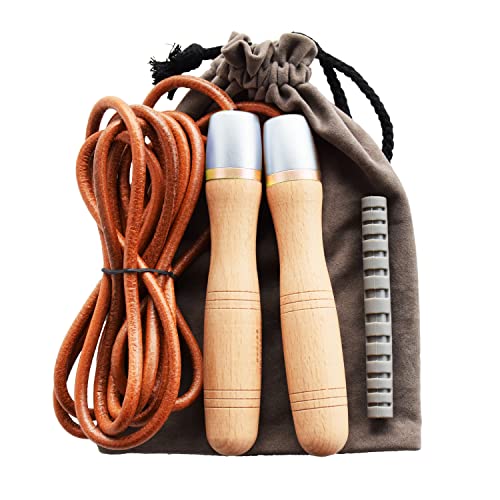 Leather Jump Rope, Adjustable Skipping Jumping Ropes, with Rotary Bearing and Pure Wood Handles, for Gym & Home Fitness Workouts