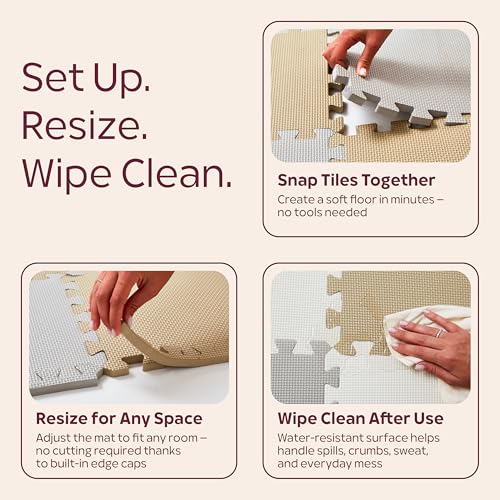 Foam Play Mat for Floor - 36 Interlocking Tiles 71x71 in, 0.6" Thick Puzzle Mat for Baby, Toddler & Home Gym, Cross-Texture EVA Foam, Edge Borders Included, White Tan Gray