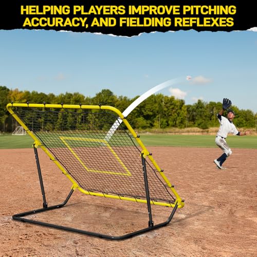 Baseball & Softball Rebounder Net with Carry Bag，7 Angles Adjustable Pitchback for Fly Balls, Grounders & Line Drives,Portable Fielding Trainer，4x4.5FT Bounce Back Net for All Players