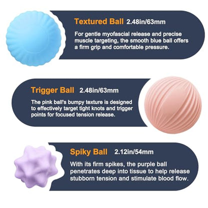 Silicone Massage Ball Set for Myofascial Release, Trigger Point & Deep Tissue Therapy - Lacrosse Massage Balls for Muscle Knots, Plantar Fasciitis and Muscle Soreness Relief (3 Pack)