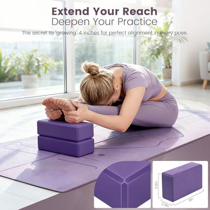 Foldable Yoga Mat and Blocks Set for Women with 2 Pack Yoga Blocks and Strap,Thin Non Slip Pilates Mat with Bag, Home Workout Equipment Essentials Starter Kit for Beginners Full Body Toning - color: Purple