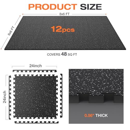 0.56'' Thick 12 Pcs 48 Sq Ft Non-Slip Rubber Top Exercise Equipment Mats, High Density EVA Foam Mats with Rubber Top, Interlocking Puzzle Gym Flooring for Home Gym, Workout Floor Mats, Black