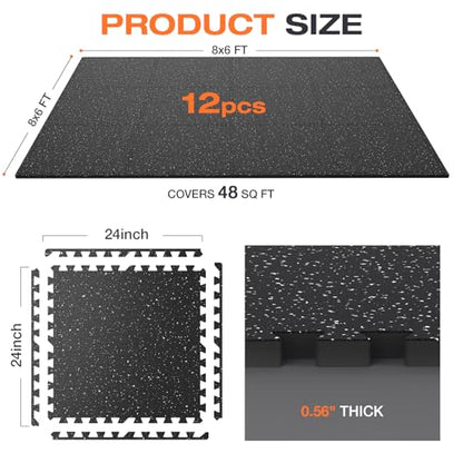 0.56'' Thick 12 Pcs 48 Sq Ft Non-Slip Rubber Top Exercise Equipment Mats, High Density EVA Foam Mats with Rubber Top, Interlocking Puzzle Gym Flooring for Home Gym, Workout Floor Mats, Black
