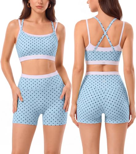 2 Pieces Workout Sets for Women,Seamless Athletic Short with Double Layer Sports Bra,Gym Matching Outfits - color: Blu034, size: Large